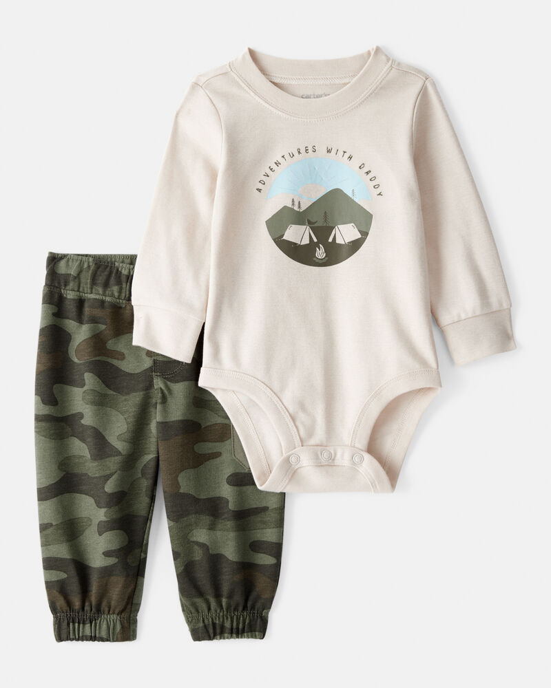 Baby Boy Camping Camo Cotton Long-Sleeve Bodysuit & Pant Set - Green/Beige, image 1 of 6 slides