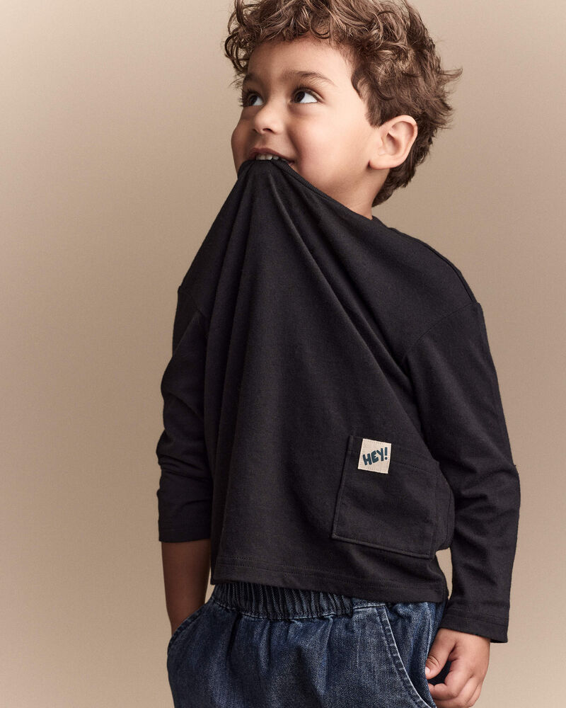 Toddler 'Hey' Long-Sleeve Pocket Tee - Black, image 3 of 6 slides