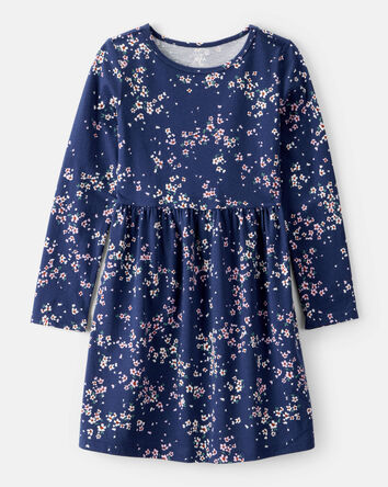 Girls Floral Print Long Sleeve Cotton Dress - Navy, 