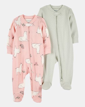 Baby Girl 2-Pack 2-Way Zip Cotton Sleep & Play Pajamas - Pink/Green, 