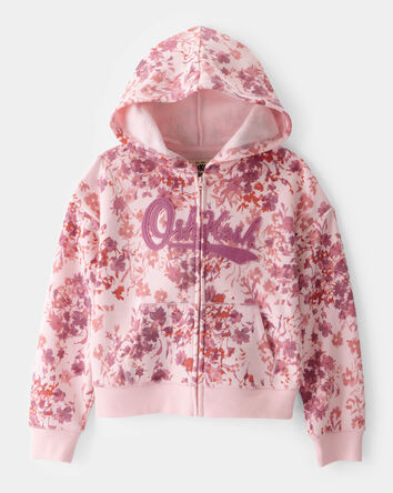 Girls OshKosh Logo Floral Hooded Zip-Up Jacket - Pink, 