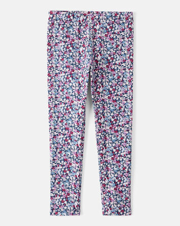 Girls Floral Cotton Pull-On Stretch Leggings - Purple, 