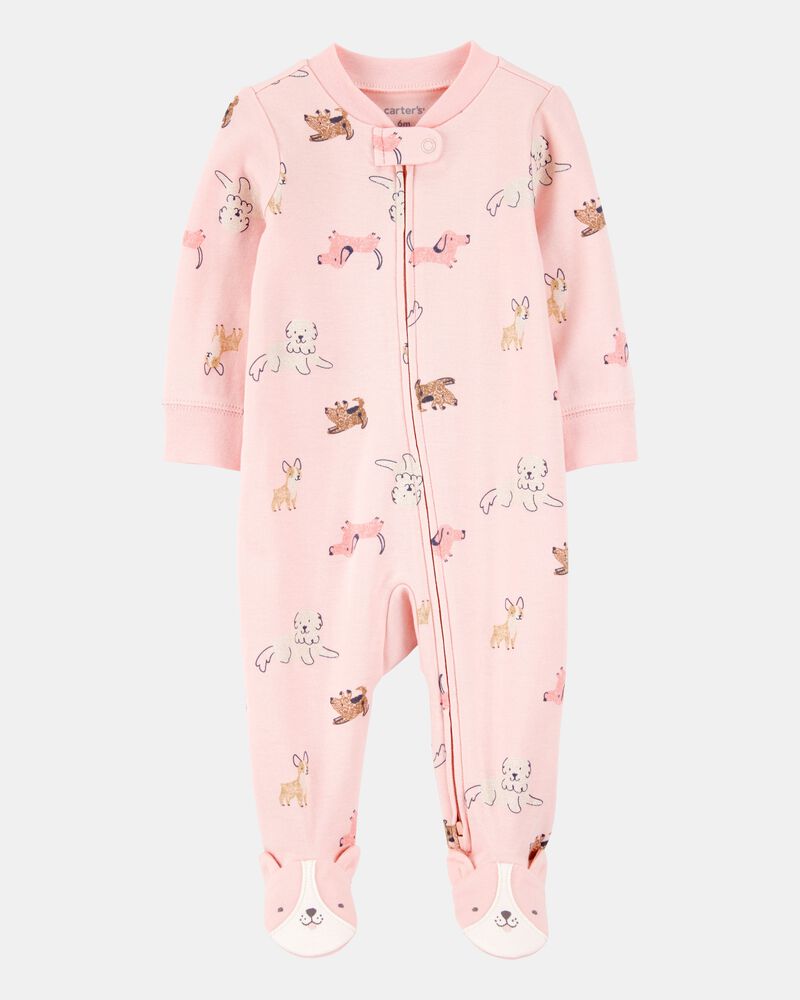 Baby Girl Dog Print 2-Way Zip Cotton Sleep & Play Pajamas - Pink, image 1 of 4 slides