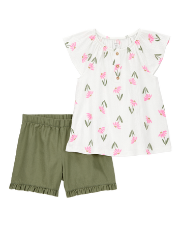 Kid 2-Piece Floral Top & Short Set - Cream/Green, 
