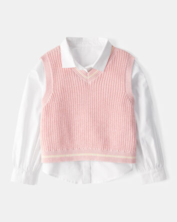 Kid 2-Piece Button-Front Shirt & Sweater Vest Top - Pink/White, 