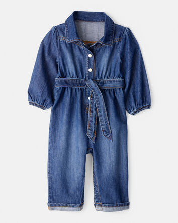 Baby Girl Denim Cotton Long-Sleeve Jumpsuit - Smokey Wash, 