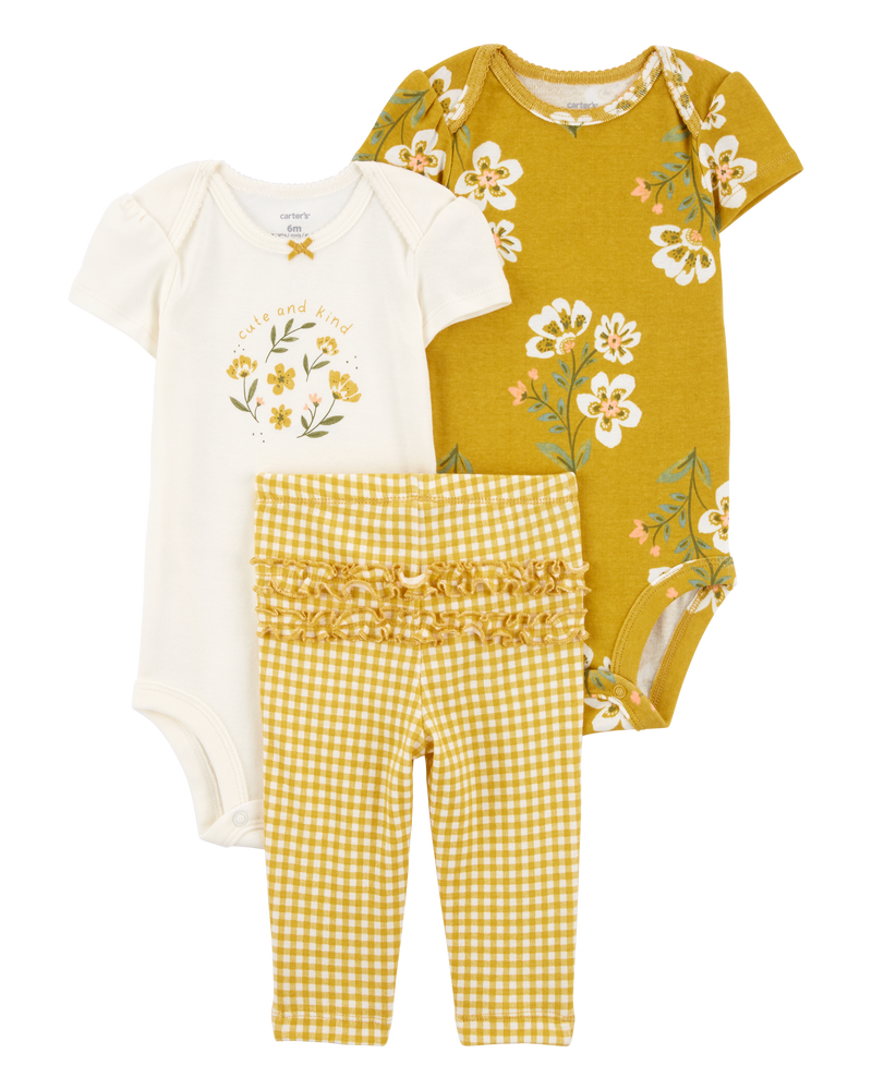 Baby Girl 3-Piece Floral Outfit Set - Ivory/Mustard, image 1 of 4 slides