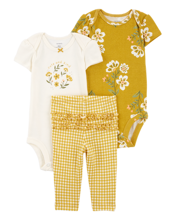 Baby Girl 3-Piece Floral Outfit Set - Ivory/Mustard, 