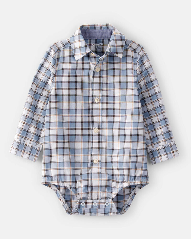 Baby Boy Plaid Cotton Long-Sleeve Button-Down Fashion Bodysuit - Blue, image 1 of 4 slides