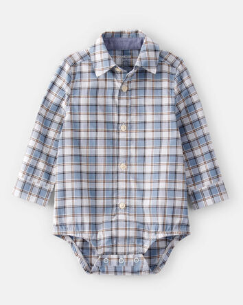 Baby Boy Plaid Cotton Long-Sleeve Button-Down Fashion Bodysuit - Blue, 