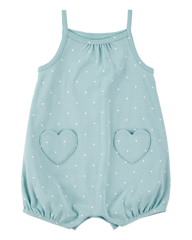 Baby Heart Pockets Cotton Romper - Blue, image 1 of 3 slides