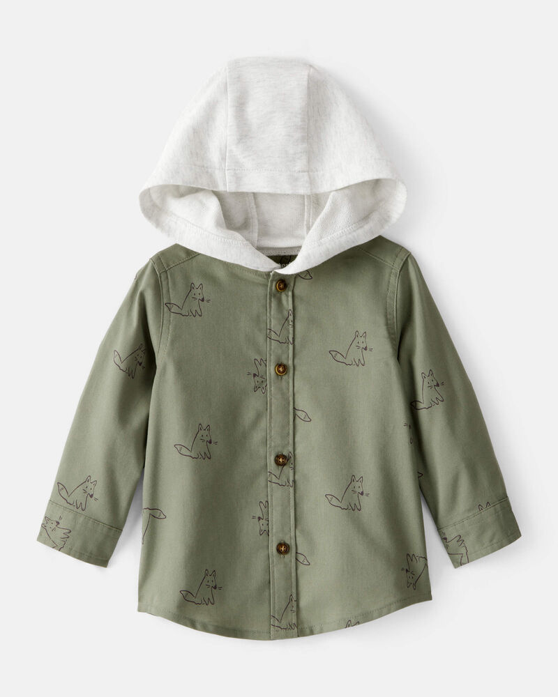 Baby Boy Racoon Print Cotton Long-Sleeve Hooded Button-Down Shirt - Green, image 1 of 3 slides