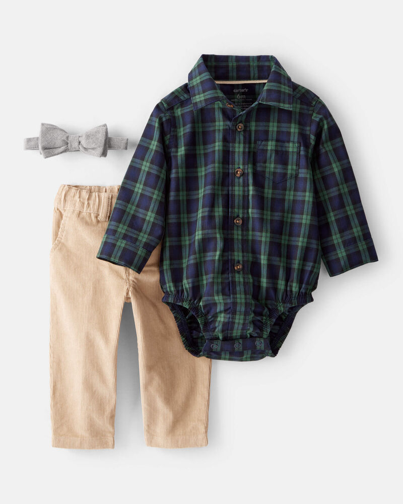 Baby Boy 3-Piece Plaid Print Cotton Bodysuit, Bowtie & Pant Set - Green/Tan, image 1 of 6 slides