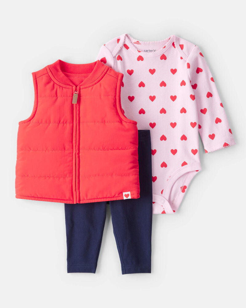 Baby Girl 3-Piece Puffer Vest Outfit Set - Red, image 1 of 5 slides
