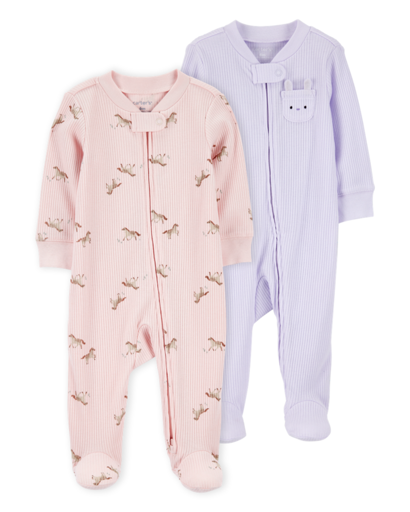 Baby 2-Pack  Ribbed 2-Way Zip Sleep & Play Pajamas - Pink/Purple, image 1 of 5 slides