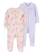 Baby 2-Pack  Ribbed 2-Way Zip Sleep & Play Pajamas - Pink/Purple, image 1 of 5 slides