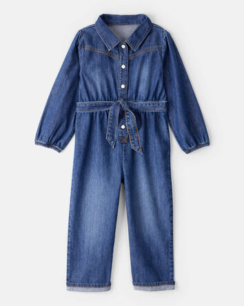 Toddler Girl Denim Cotton Long-Sleeve Jumpsuit - Smokey Wash, 