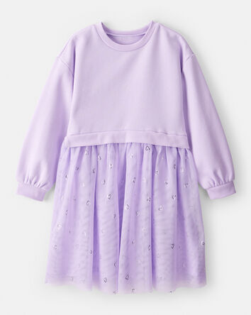 Girls Metallic Heart Long-Sleeve Tulle Dress - Purple, 
