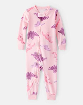 Baby Girl Dinosaur Print DreamPlush Snug Fit Long-Sleeve 2-Way Zip 1-Piece Pajamas - Pink, 