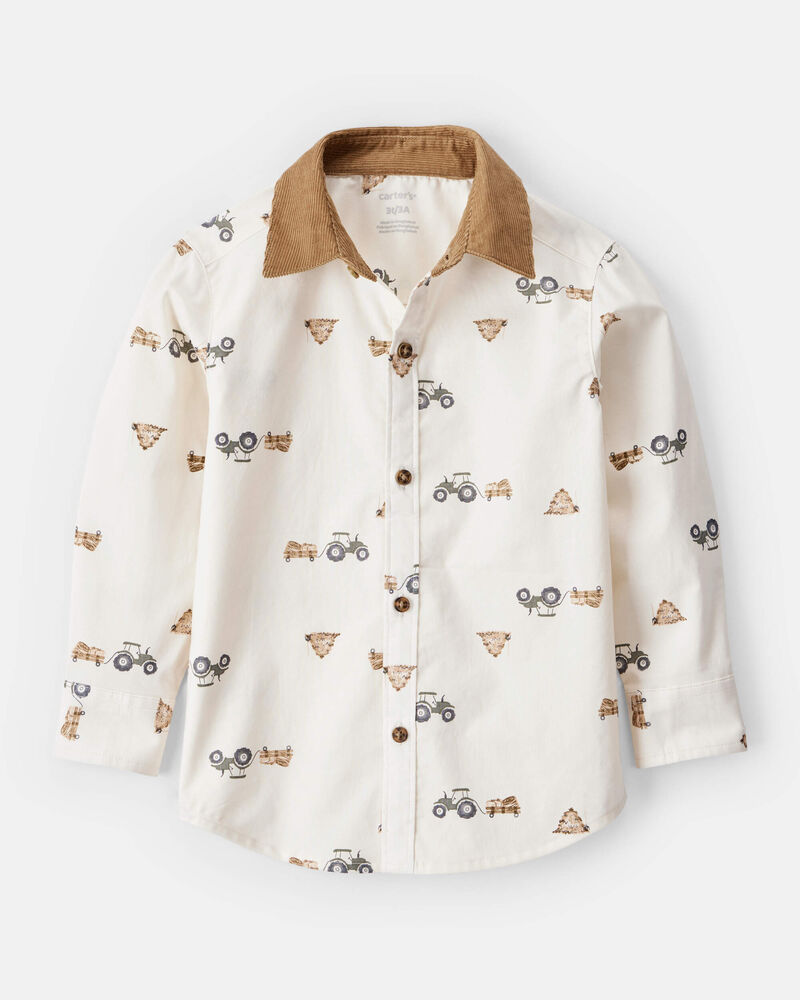 Toddler Boy Tractor Print Cotton Long-Sleeve Button Down Shirt - White, image 1 of 3 slides