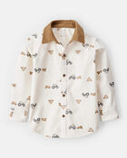 Toddler Boy Tractor Print Cotton Long-Sleeve Button Down Shirt - White, image 1 of 3 slides