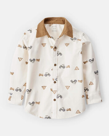 Toddler Boy Tractor Print Cotton Long-Sleeve Button Down Shirt - White, 