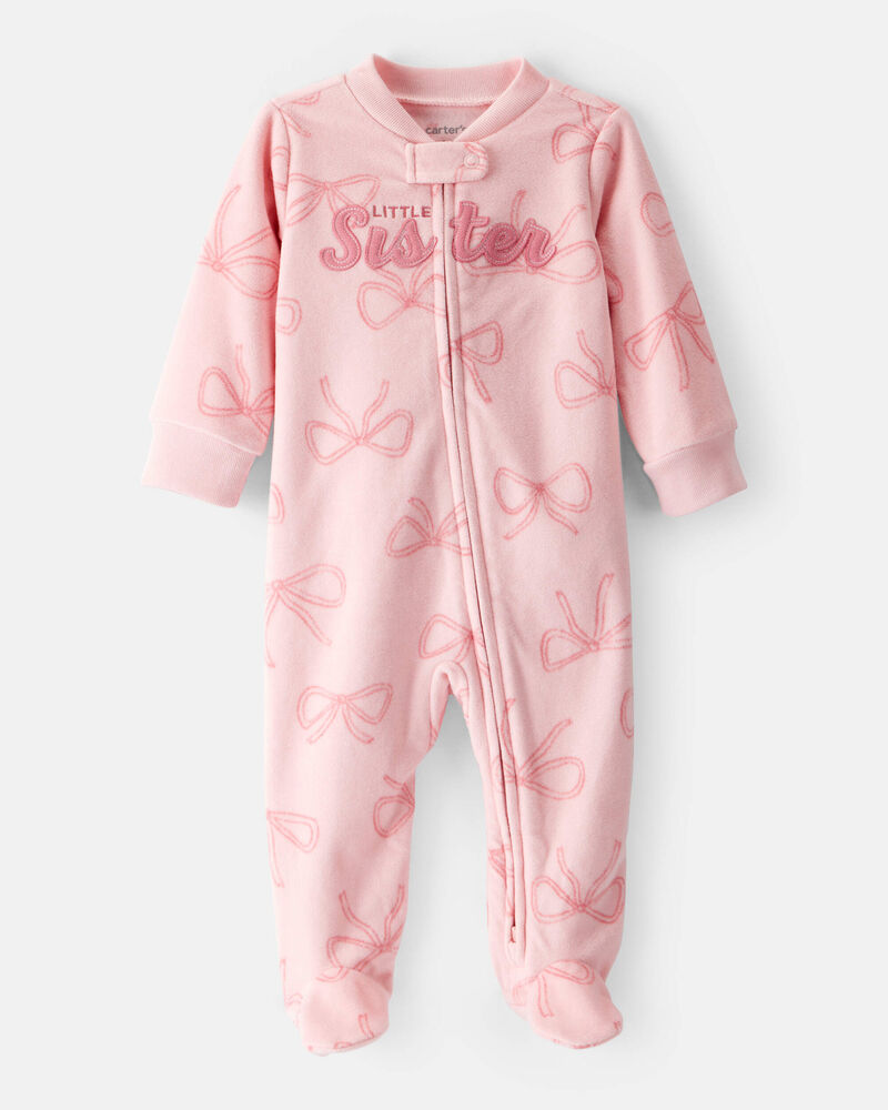 Baby Girl 'Little Sister' Bow Print Fleece Sleep & Play Pajamas - Pink, image 1 of 4 slides
