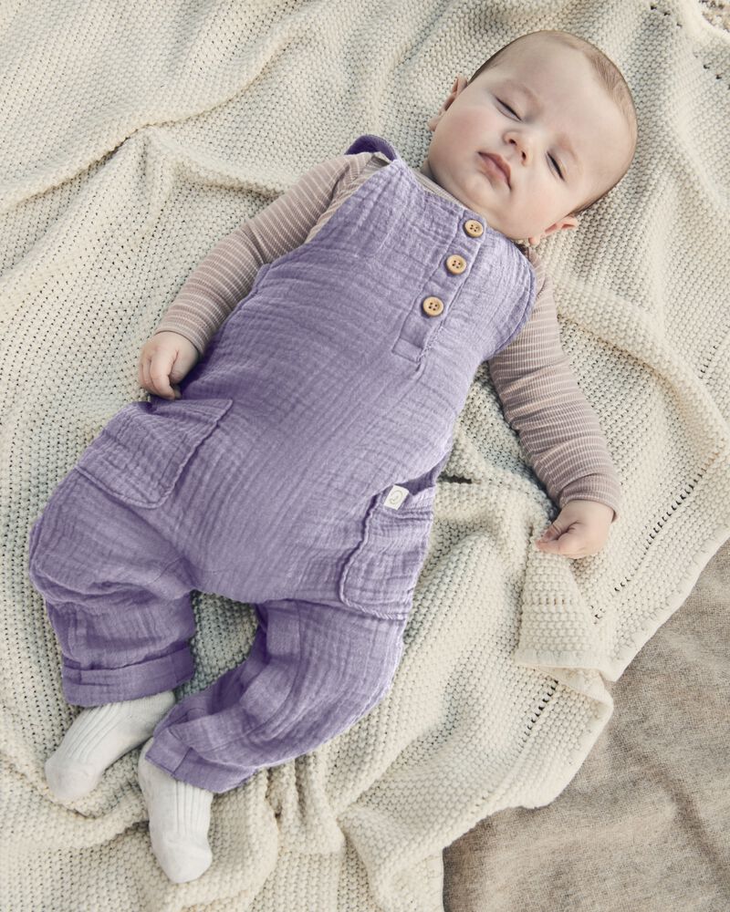Baby Organic Cotton Gauze Overalls in Lilac, image 5 of 6 slides