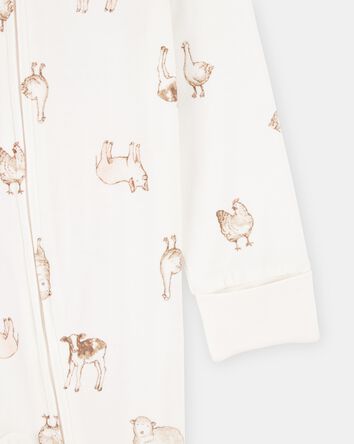 Baby Farm Animals Print 2-Way Zip PurelySoft Sleep & Play Pajamas - Ivory, 