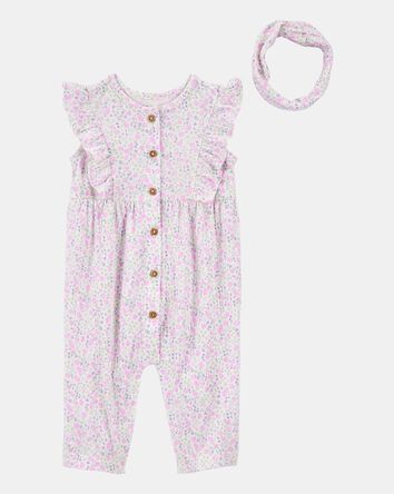 Baby 2-Piece Floral Jumpsuit & Headwrap - Purple, 