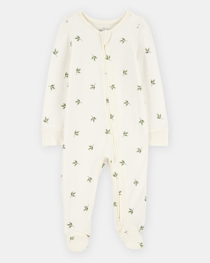 Baby Leaf Print 2-Way Zip PurelySoft Sleep & Play Pajamas - Ivory, image 1 of 6 slides