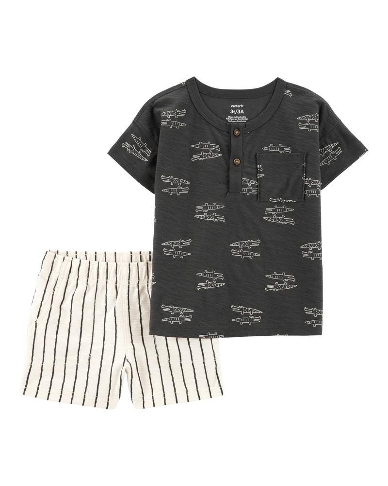Baby 2-Piece Alligator Henley Tee & Striped Pull-On Shorts, image 1 of 3 slides