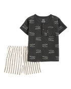 Baby 2-Piece Alligator Henley Tee & Striped Pull-On Shorts, image 1 of 3 slides