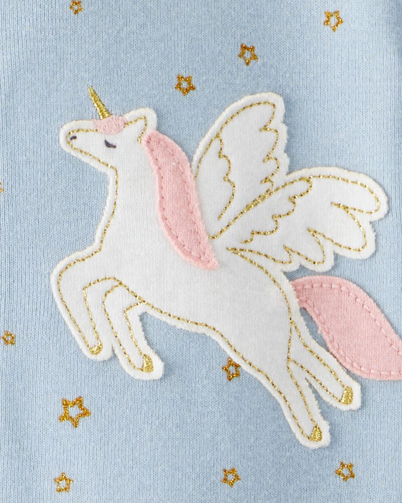 Toddler Girl Unicorn 100% Cotton 1-Piece Pajamas - Blue, image 3 of 4 slides