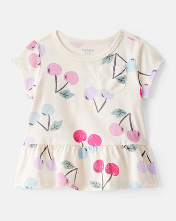 Baby Girl Cherry Print Short-Sleeve Peplum Top - White, 