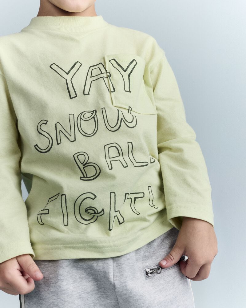 Toddler Snow Ball Fight!' Long-Sleeve Pocket Relaxed Graphic Tee - Lime, image 4 of 6 slides