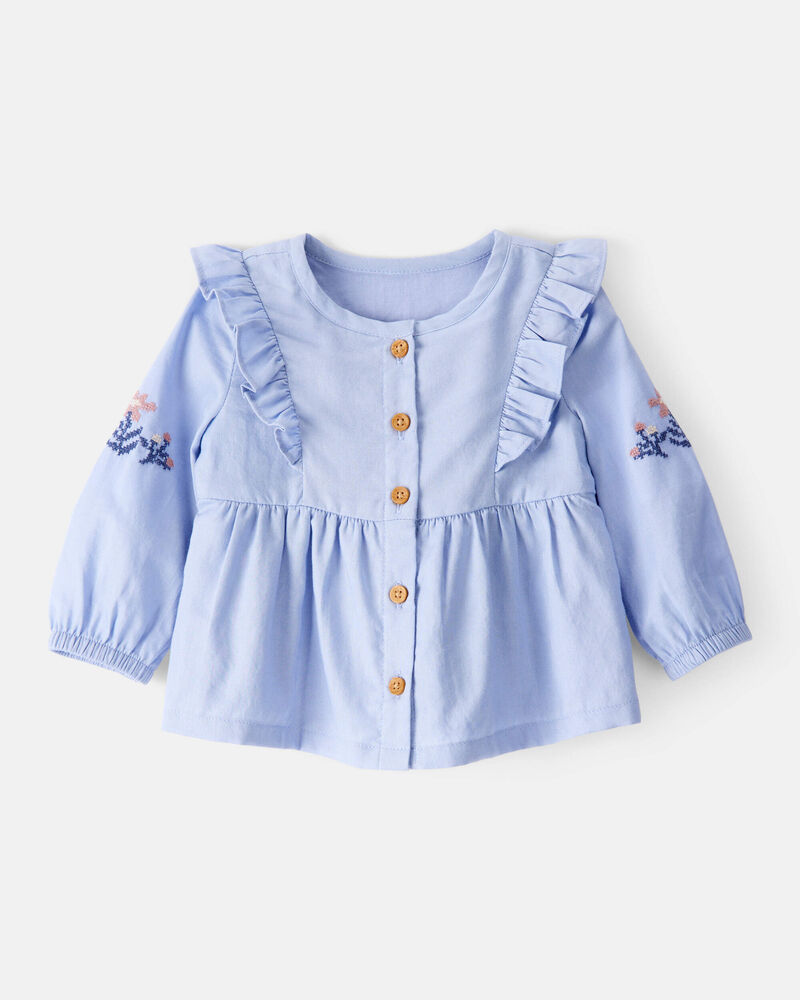 Baby Girl Embroidered Cotton Long-Sleeve Top - Blue, image 1 of 4 slides