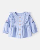 Baby Girl Embroidered Cotton Long-Sleeve Top - Blue, image 1 of 4 slides