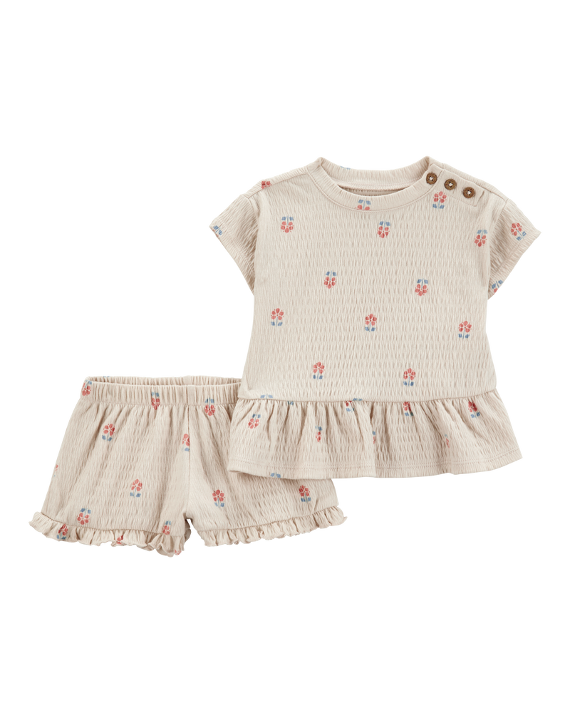 Baby Girl 2-Piece Flower Print Peplum Top & Short Set - Cream, image 1 of 3 slides