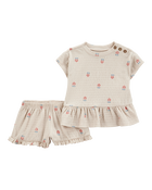 Baby Girl 2-Piece Flower Print Peplum Top & Short Set - Cream, image 1 of 3 slides