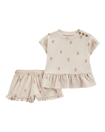 Baby Girl 2-Piece Flower Print Peplum Top & Short Set - Cream, 