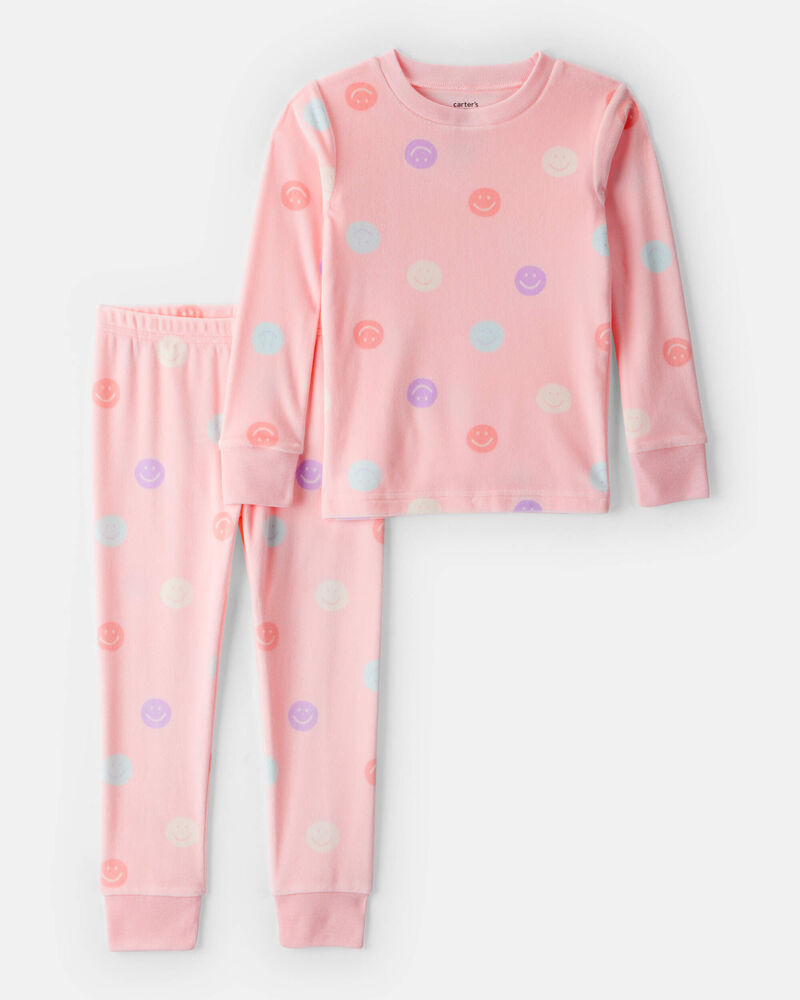 Toddler Girl Smiley Face Print DreamPlush Long-Sleeve Snug Fit 2-Piece Pajamas - Pink, image 1 of 3 slides