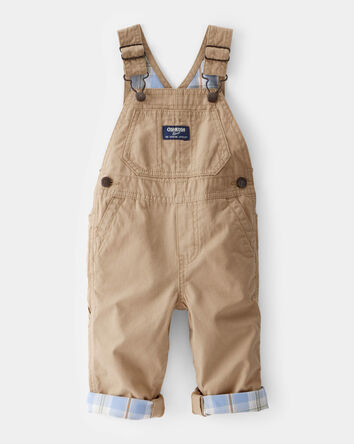 Baby Lightweight Plaid-Lined Canvas Overalls - Khaki, 