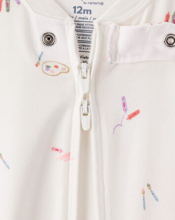 Baby Girl Painting & Coloring Print PurelySoft Long-Sleeve 2-Way Zip 1-Piece Pajamas - Ivory, 