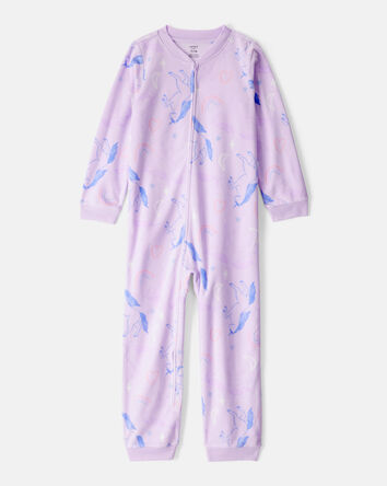 Girls Unicorn Print Loose Fit Long-Sleeve Zip-Up 1-Piece Pajamas - Purple, 