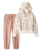 Girls 2-Piece DayDream Fleece Fleece Floral Hooded Zip-Up Jacket & Joggers Set - Cream/Brown, image 1 of 6 slides
