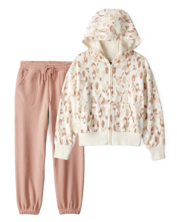 Girls 2-Piece DayDream Fleece Fleece Floral Hooded Zip-Up Jacket & Joggers Set - Cream/Brown, 