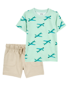Baby 2-Piece Airplane Print Tee & French Terry Shorts Set, image 1 of 6 slides