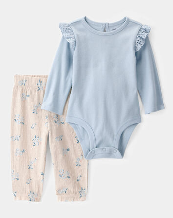 Baby Girl 2-Piece Bodysuit & Floral Pant Set - Blue/Ivory, 