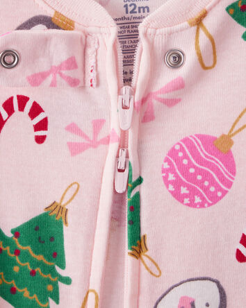Toddler Girl Pink Ornaments 100% Cotton Long-Sleeve Snug Fit 1-Piece Pajamas - Pink, 